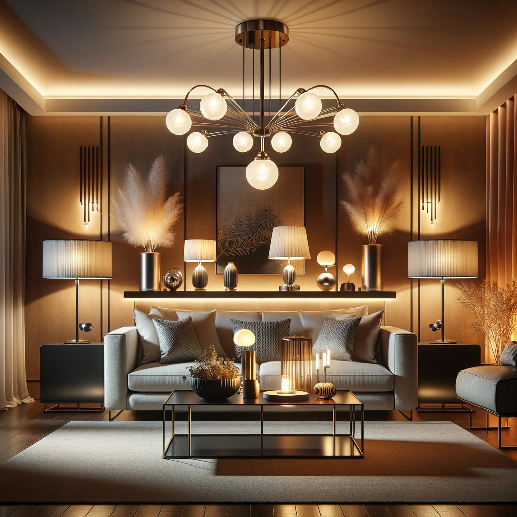 Modern living room illuminated by various electric light fittings, including a chandelier, wall fixtures, and table lamps.
