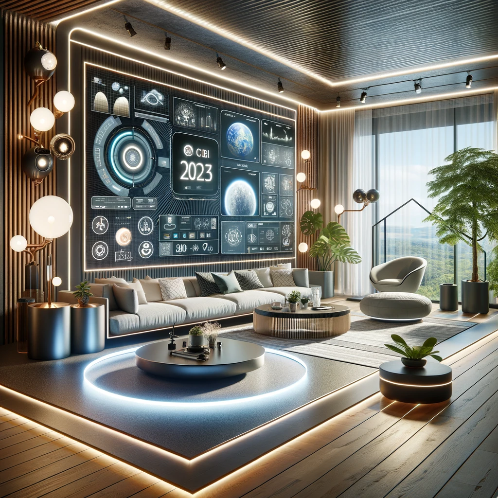 Futuristic living room with LED fixtures, smart lighting, minimalist designs, and biophilic elements.