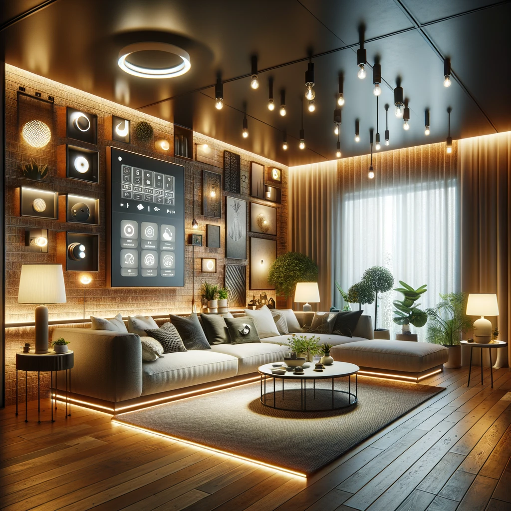 Modern living room with eco-friendly LED lighting, smart control panel, and solar-powered lamps.