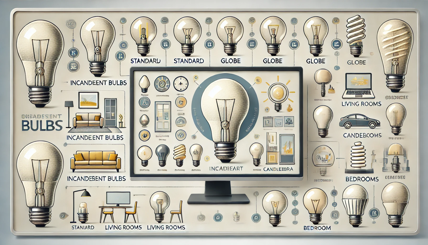 A guide on choosing the right incandescent bulbs featuring standard, globe, and candelabra bulbs with labels and descriptions, against a light background with icons of living spaces.