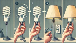 Step-by-step guide on installing Compact Fluorescent Lamps (CFLs) showing unscrewing an old bulb, screwing in a new CFL bulb, turning on the switch, and the lamp glowing in a simple room setup with a lamp on a table.