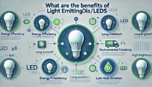 Infographic titled "What are the Benefits of Light Emitting Diodes (LEDs)" featuring icons and text highlighting energy efficiency, long lifespan, environmental friendliness, low heat emission, and high brightness.