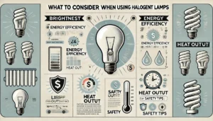 "Infographic titled 'What to Consider When Using Halogen Lamps,' featuring sections on brightness, energy efficiency, heat output, lifespan, and safety tips with relevant icons."