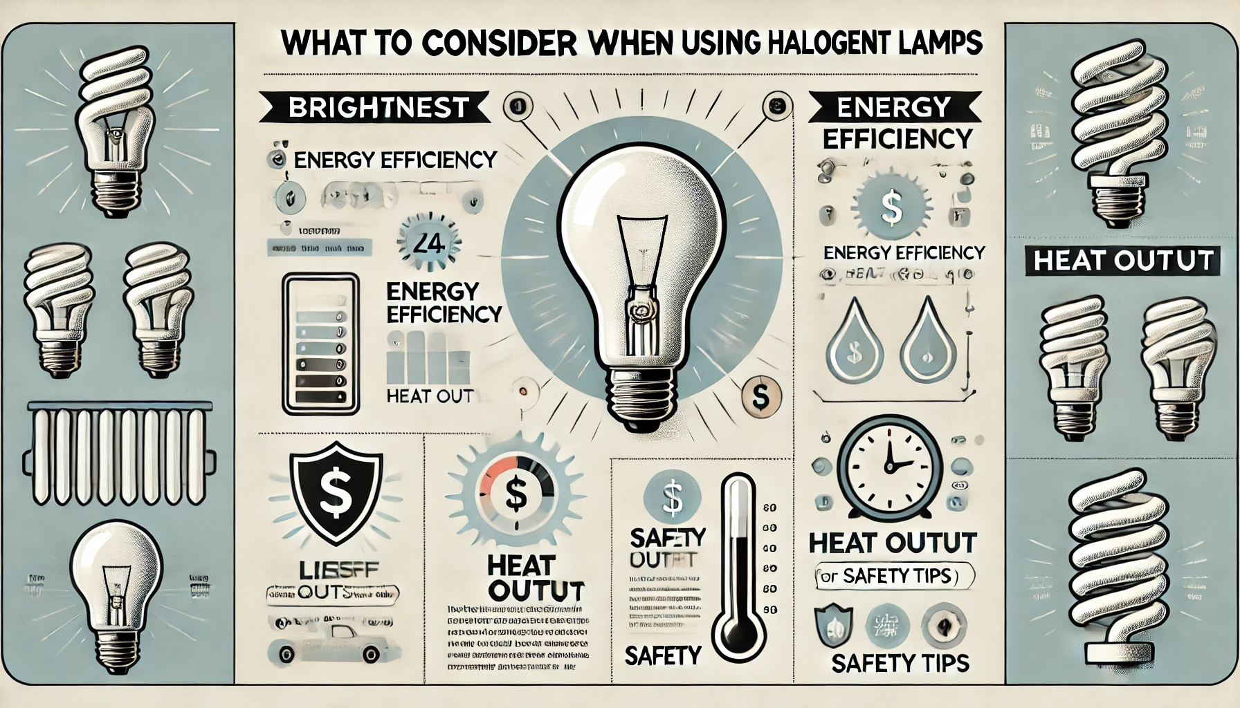 "Infographic titled 'What to Consider When Using Halogen Lamps,' featuring sections on brightness, energy efficiency, heat output, lifespan, and safety tips with relevant icons."