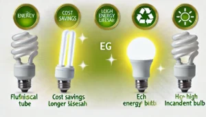 "Comparison of fluorescent tubes and incandescent bulbs showing energy savings, cost efficiency, and eco-friendliness benefits of fluorescent tubes over incandescent bulbs with high energy consumption and shorter lifespan."