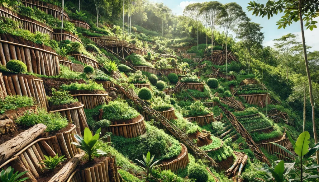 A green hillside covered with various plants and terracing, with wooden logs reinforcing parts of the slope to prevent landslides.